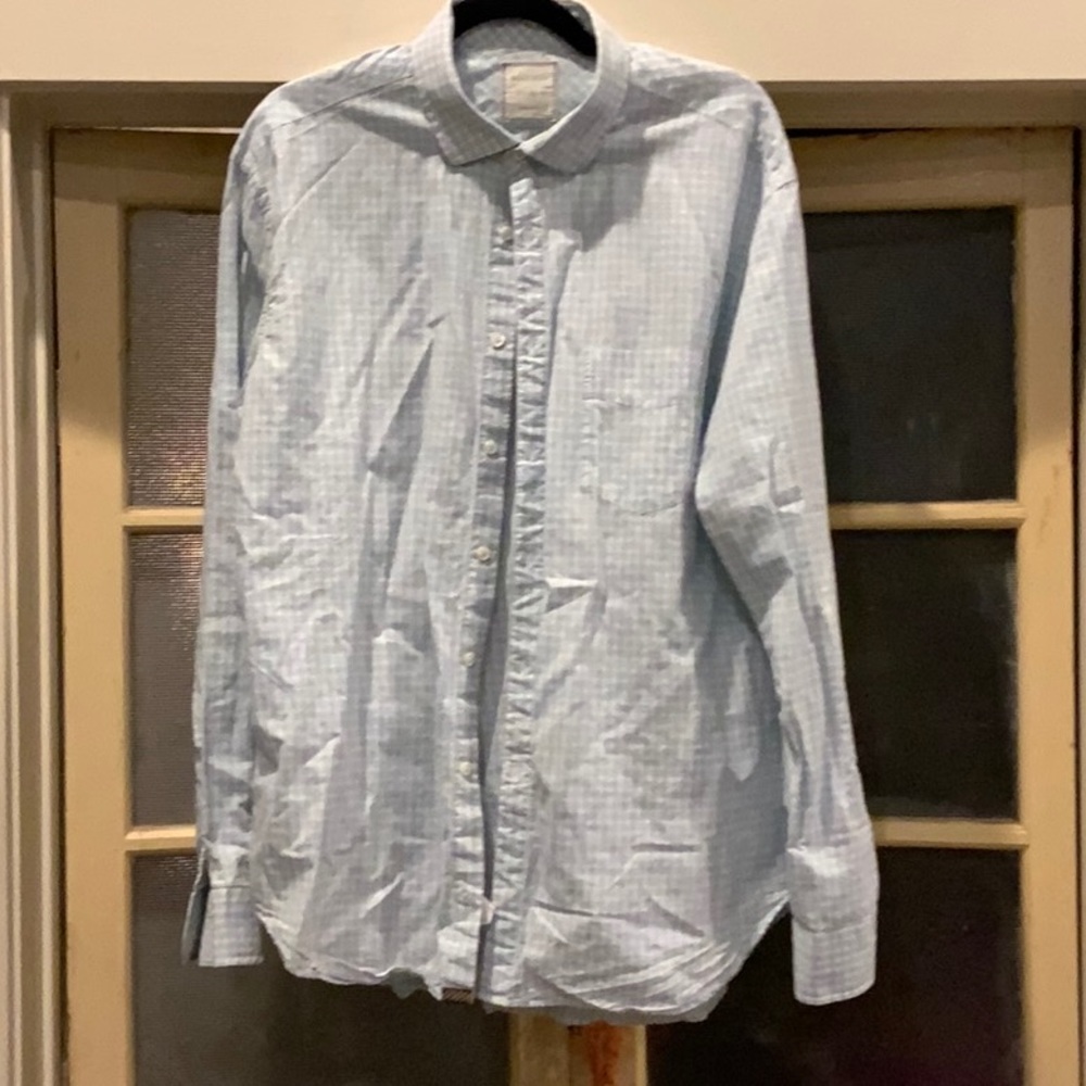Billy Reid men’s button down shirt, blue stripes, blue checked, XL